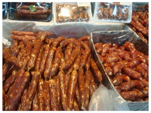 China Hunan Preserved Pork Sausages in Local Food Market.